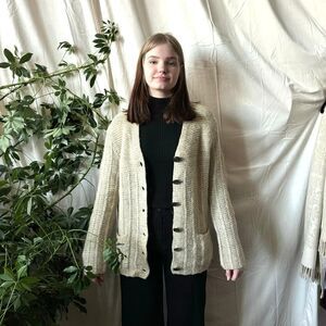 Vintage Hand Knit Grayish Beige Cardigan Sweater